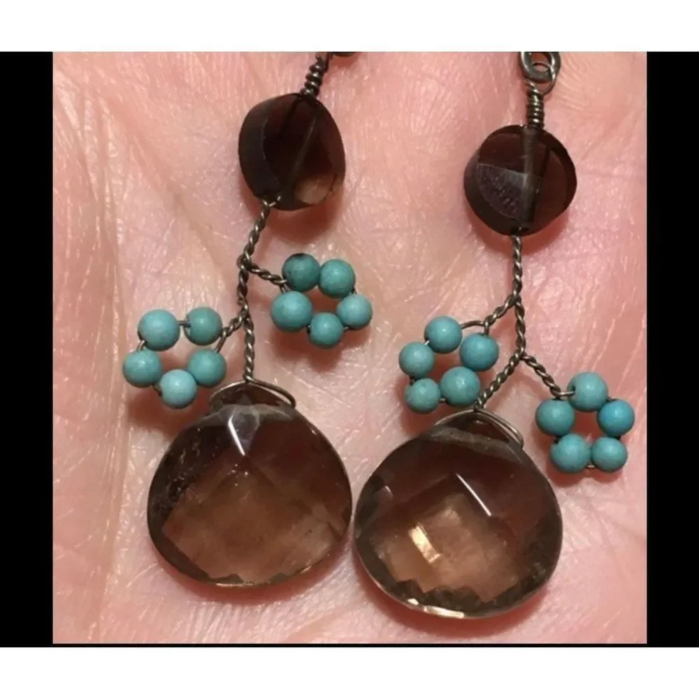 Smoky Quartz and turquoise dainty earrings